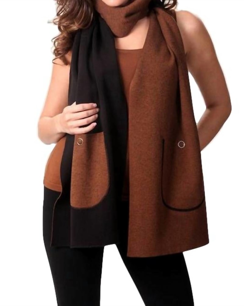 Front of a model wearing a size one-size-fits-all 2-Tone Reversible Pocket Shawl In Black/Mocha in Black/Mocha by ANGEL. | dia_product_style_image_id:351521